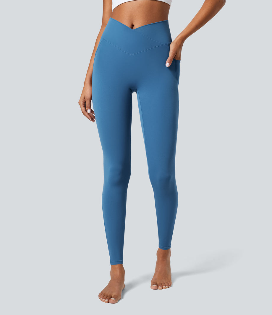 SoftlyZero™ Crossover Pocket Plain Leggings-UPF50+ - Gloomy Blue