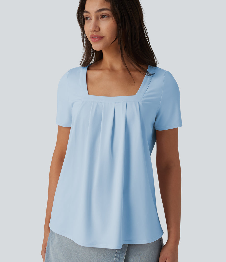 Square Neck Short Sleeve Casual Top - Angel Falls
