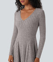 Ribbed Knit V Neck Long Sleeve Flare Mini Casual Dress with Pockets - Light Pink Floral Yarn