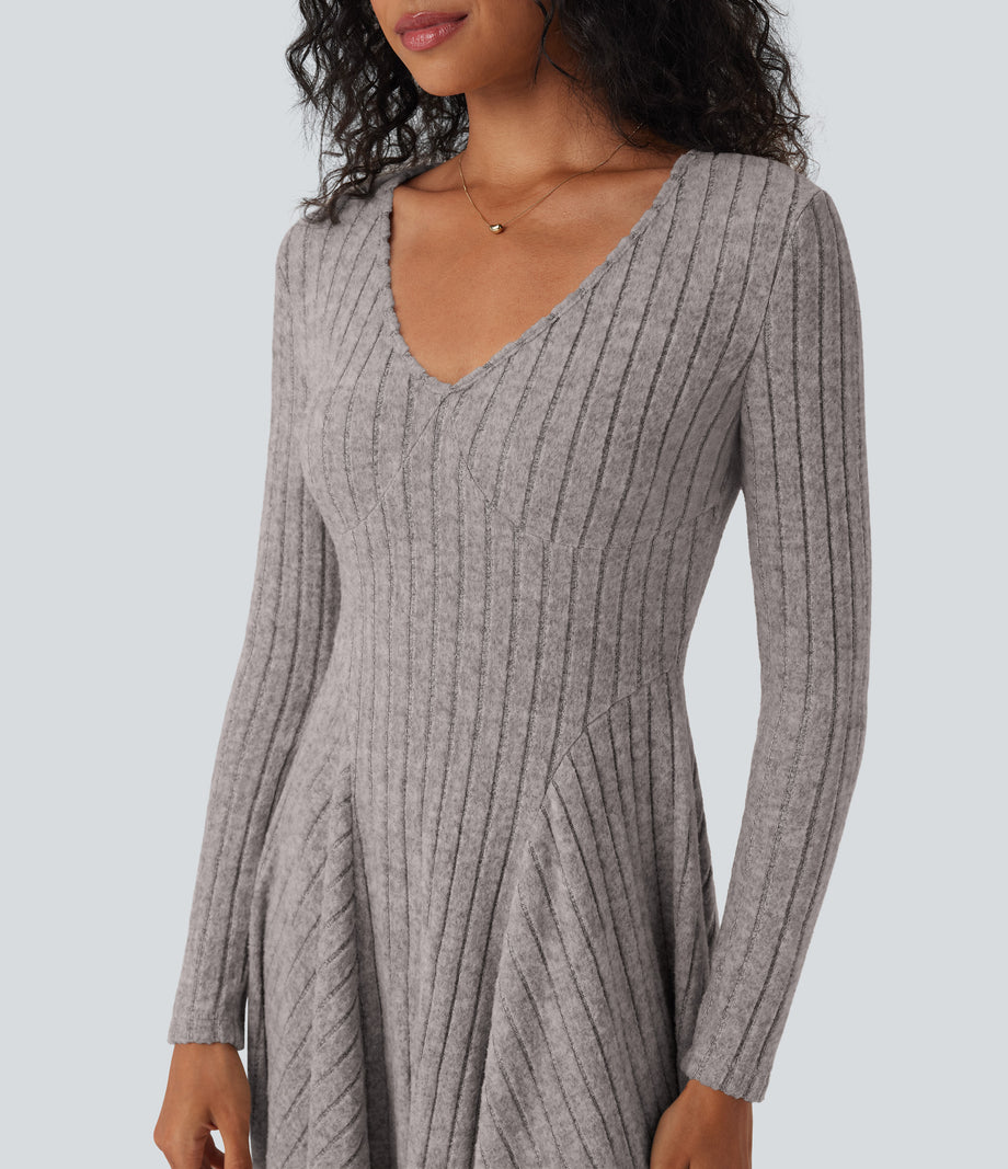 Ribbed Knit V Neck Long Sleeve Flare Mini Casual Dress with Pockets - Light Pink Floral Yarn