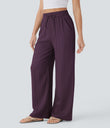 High Waisted Drawstring Pocket Wide Leg Baggy Casual Linen-Feel Pants - Italian Plum