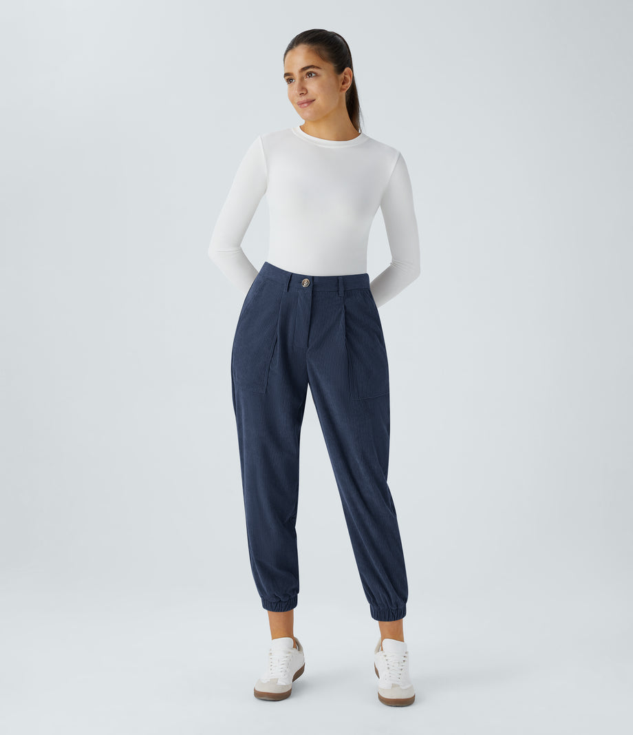 Mid Rise Zipper Pockets Corduroy Casual Joggers - Foggy Blue