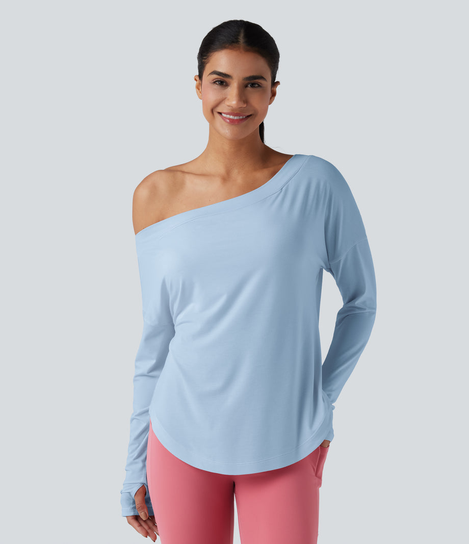 One Shoulder Long Sleeve Thumb Hole Curved Hem High Low Quick Dry Yoga Sports Top-Built-in Bra - Angel Falls