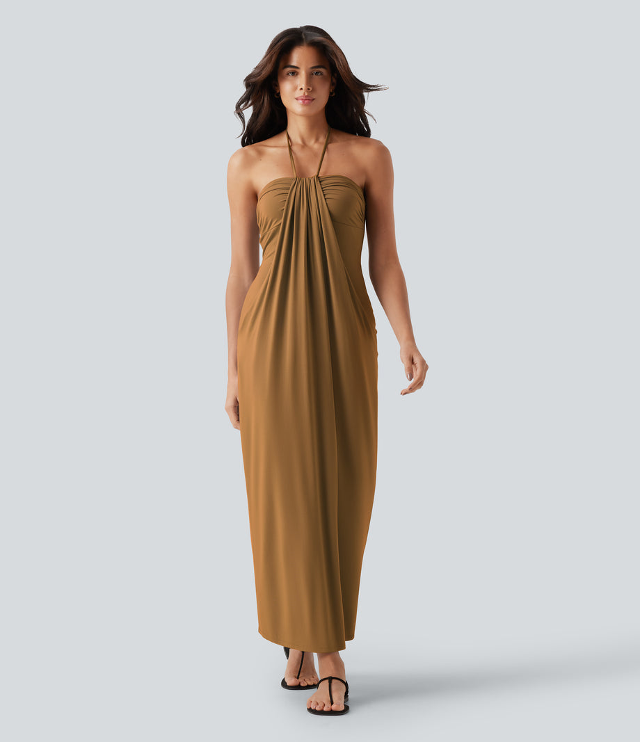 Halter Tie Back Maxi Dress with Pockets - Sudan Brown