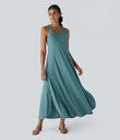 U Neck Flowy Maxi Casual Tank Dress - Stone Green Floral Yarn
