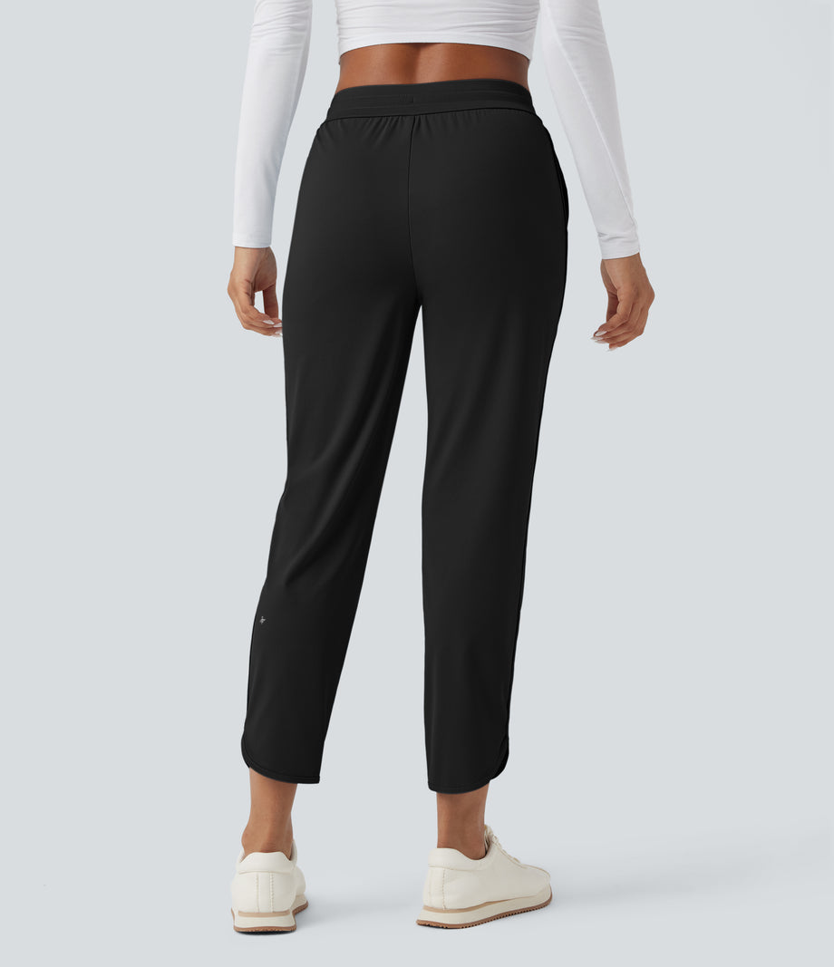 Mid Rise Drawstring Curved Hem Quick Dry Golf Tapered Pants with Pockets-UPF40+ - Black