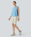 Round Neck Ruched Cool Touch Yoga Tank Top-UPF50+ - Sky Blue