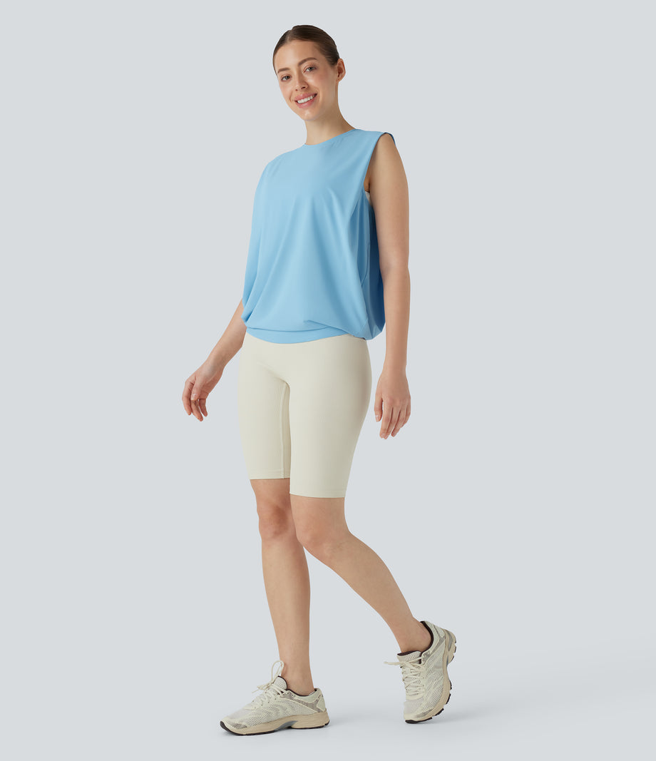 Round Neck Ruched Cool Touch Yoga Tank Top-UPF50+ - Sky Blue