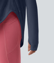 One Shoulder Long Sleeve Thumb Hole Curved Hem High Low Quick Dry Yoga Sports Top-Built-in Bra - Mood Indigo