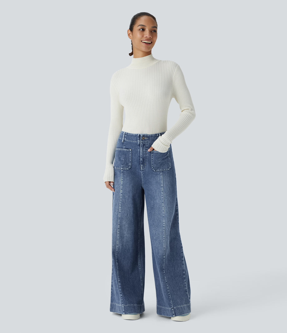 Halara Flex™ High Waisted Pockets Washed Casual Wide Leg Jeans - Orchid Blue Denim