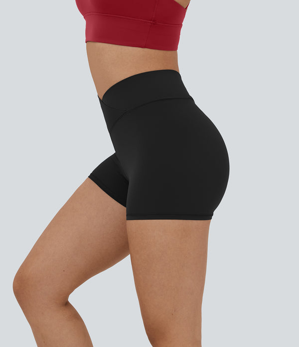 SoftlyZero™ High Waisted Crossover Plain Yoga Biker Shorts 3''-UPF50+ - Black