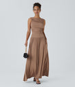 Ribbed Boat Neck Asymmetric Strap Ruched Pocket Flowy Maxi Casual Dress - Beaver Fur