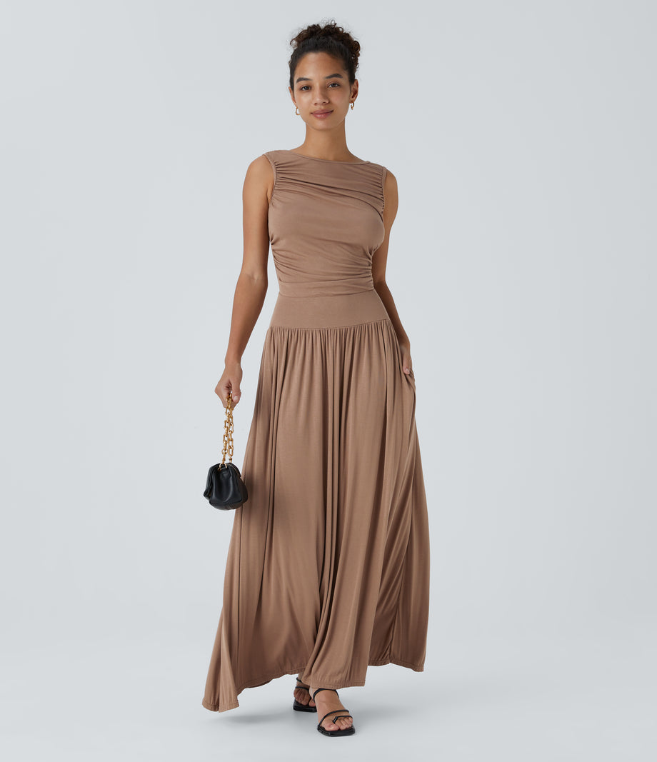 Ribbed Boat Neck Asymmetric Strap Ruched Pocket Flowy Maxi Casual Dress - Beaver Fur