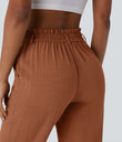 High Waisted Zipper Pocket Cropped Linen-Feel Pants - Sierra