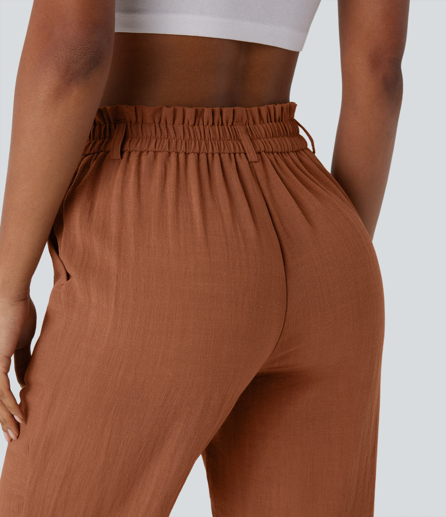 High Waisted Zipper Pocket Cropped Linen-Feel Pants - Sierra