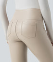 High Waisted Tummy Control Stretchy PU Fleece 7/8 Skinny Casual Leggings with Pockets - French Oak