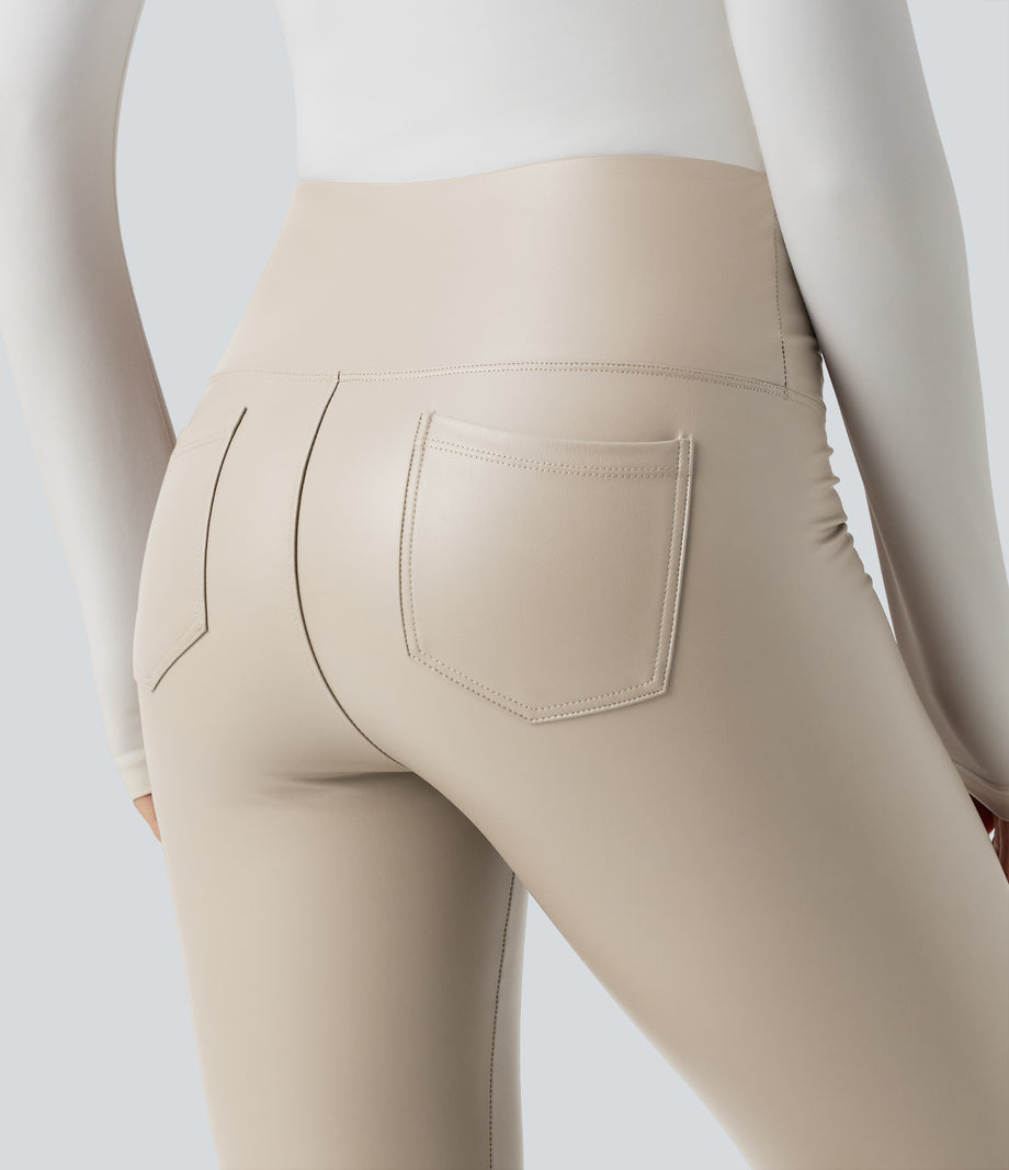 High Waisted Tummy Control Stretchy PU Fleece 7/8 Skinny Casual Leggings with Pockets - French Oak