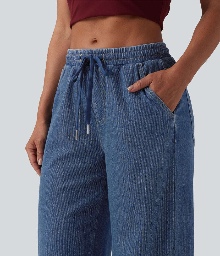 Halara Flex™ Low Rise Drawstring Wide Leg Sparkle Casual Sweatpants Jeans with Pockets -  Blue Jasper Denim