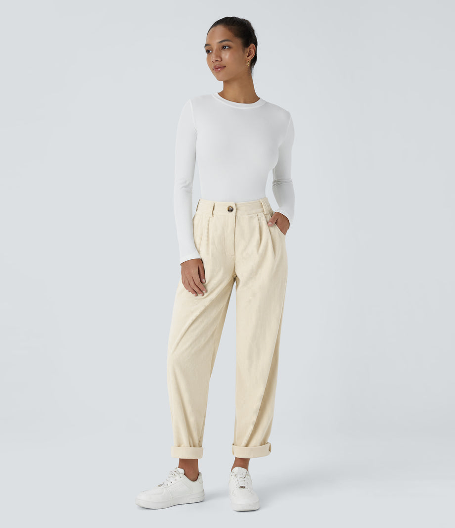 Mid Rise Zipper Pocket Corduroy Casual Pants - White Swan