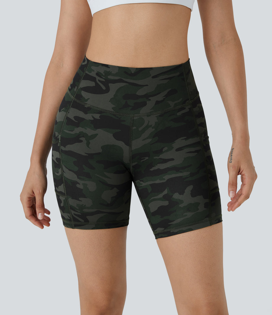 High Waisted Pocket Running Biker Shorts - Green Camo