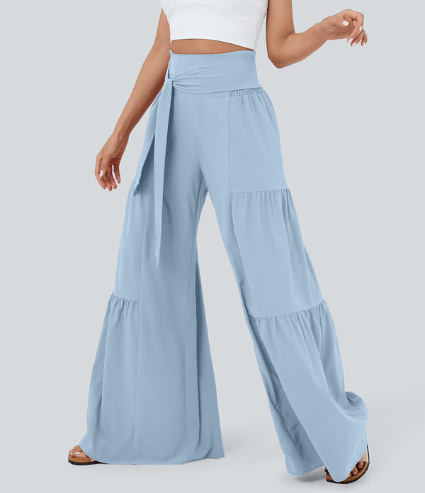 Breezeful™ High Waisted Shirred Tie Front & Back Wide Leg Flowy Quick Dry Casual Pants - Thin Ice Blue
