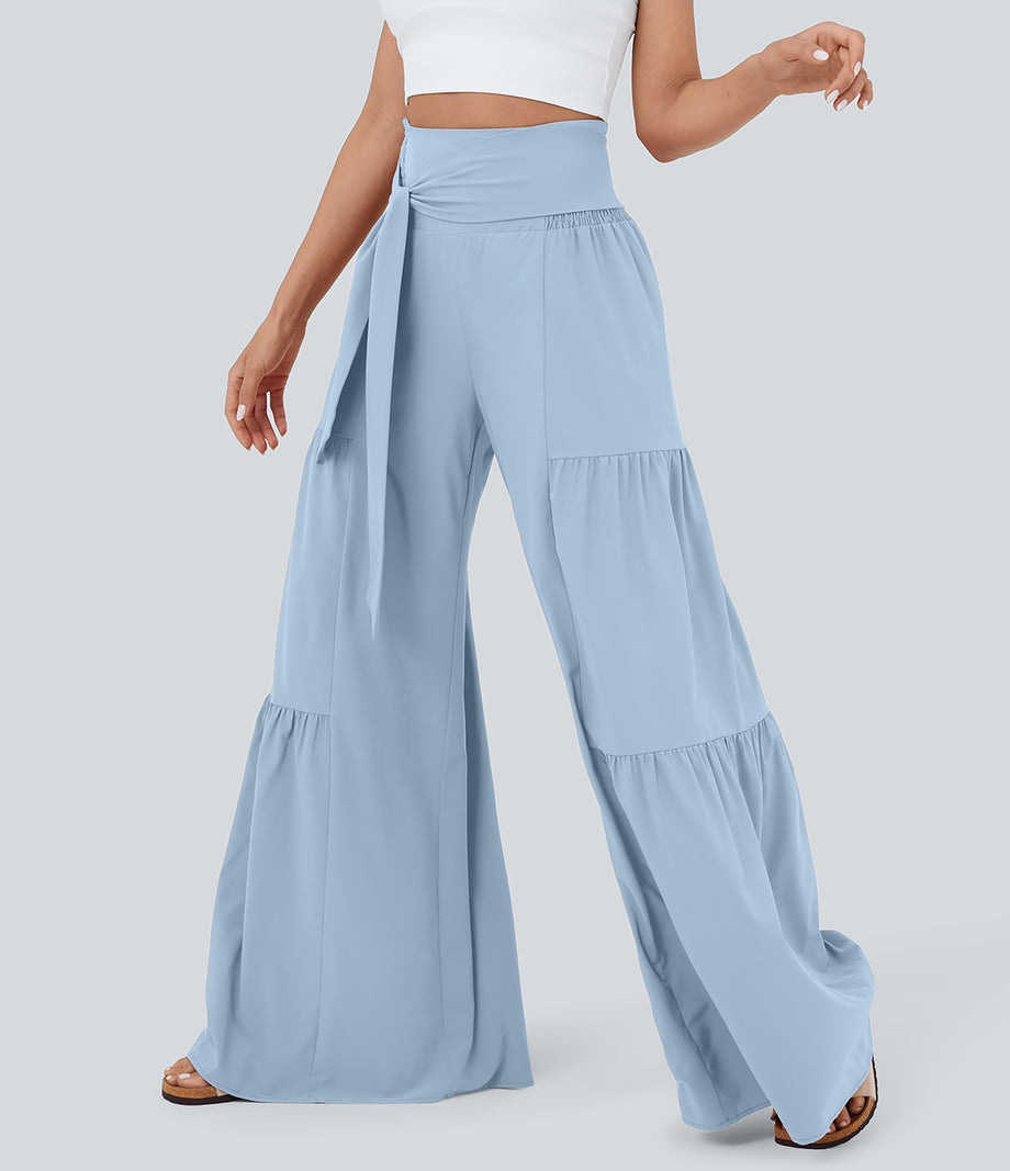 Breezeful™ High Waisted Shirred Tie Front & Back Wide Leg Flowy Quick Dry Casual Pants - Thin Ice Blue