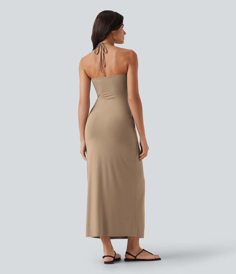 Halter Tie Back Maxi Dress with Pockets - Whisper White