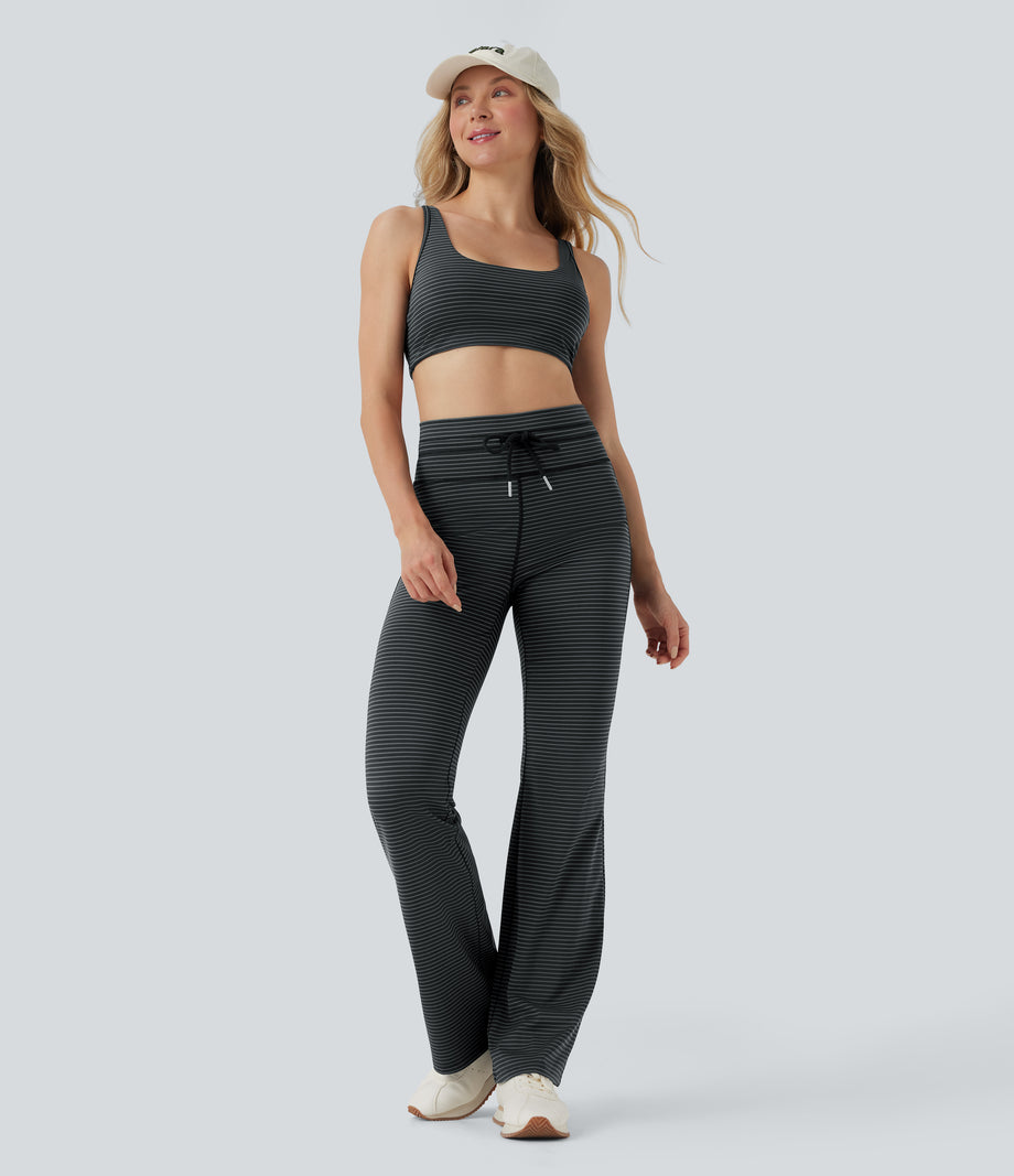 High Waisted Drawstring Stripe Flare Yoga Pants with Pockets - Steel Stripe