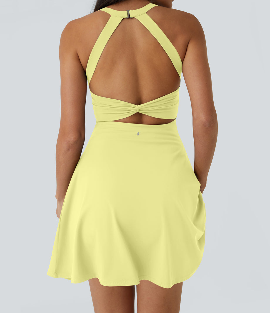 SoftlyZero™ Airy Backless Twisted Flare Low Support Dance Active Dress-Longer Length-Easy Peezy Edition A-D Cups - Yellow Pear