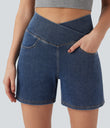 Halara Flex™ Crossover High Waisted Pockets Wide Leg A Line Washed Denim Casual Shorts - Estate Blue Denim
