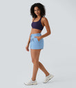 High Waisted Elastic Waistband Drawstring Pleated Yoga Shorts 3" with Pockets - Placid Blue