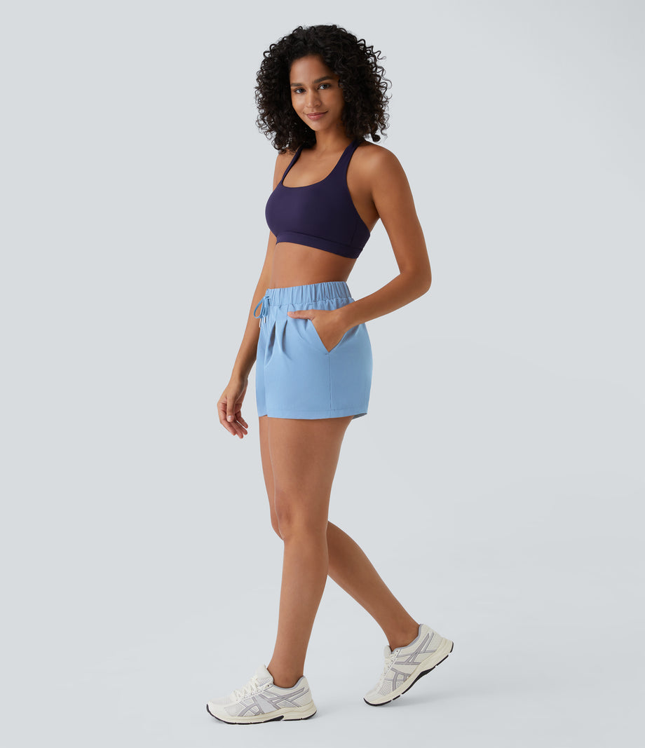 High Waisted Elastic Waistband Drawstring Pleated Yoga Shorts 3" with Pockets - Placid Blue