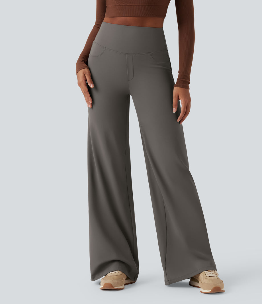 DayStretch High Waisted Tummy Control Wide Leg Baggy Yoga Pants with Pockets - Deep Red Grey