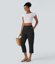 High Waisted Zipper Pocket Cropped Linen-Feel Pants - Black