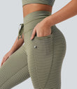 High Waisted Drawstring Striped Yoga Leggings with Pockets - Camo Olive Green