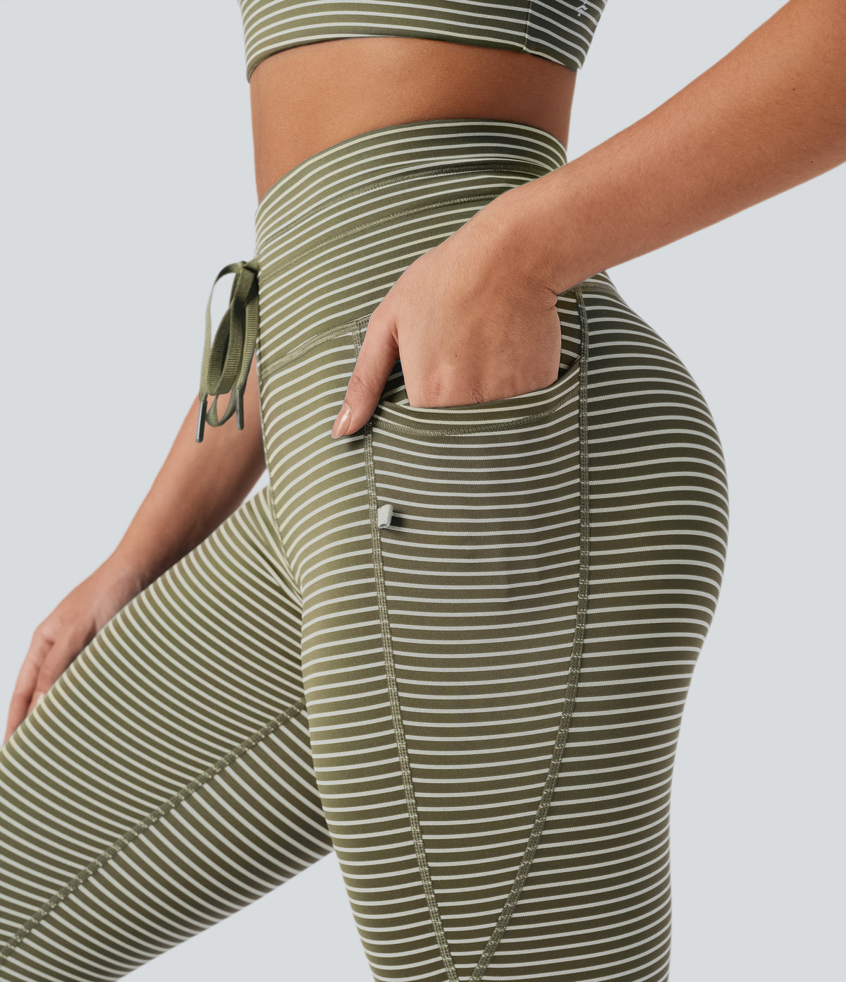 High Waisted Drawstring Striped Yoga Leggings with Pockets - Camo Olive Green