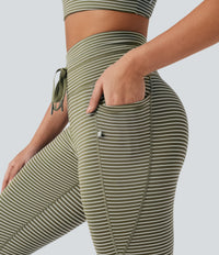 High Waisted Drawstring Striped Yoga Leggings with Pockets - Camo Olive Green