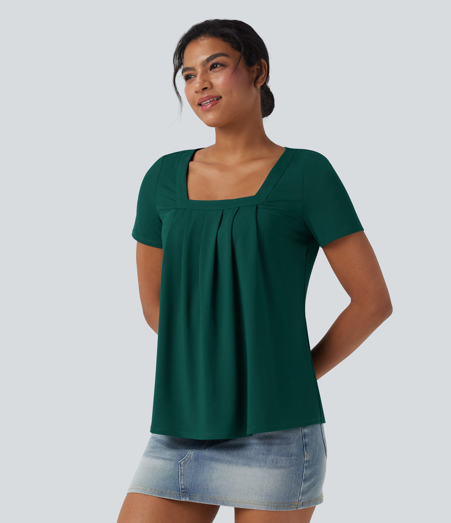 Square Neck Short Sleeve Casual Top - Rain Forest