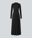 Mock-neck Long Sleeve Pocket Flare Maxi Casual Dress - Black