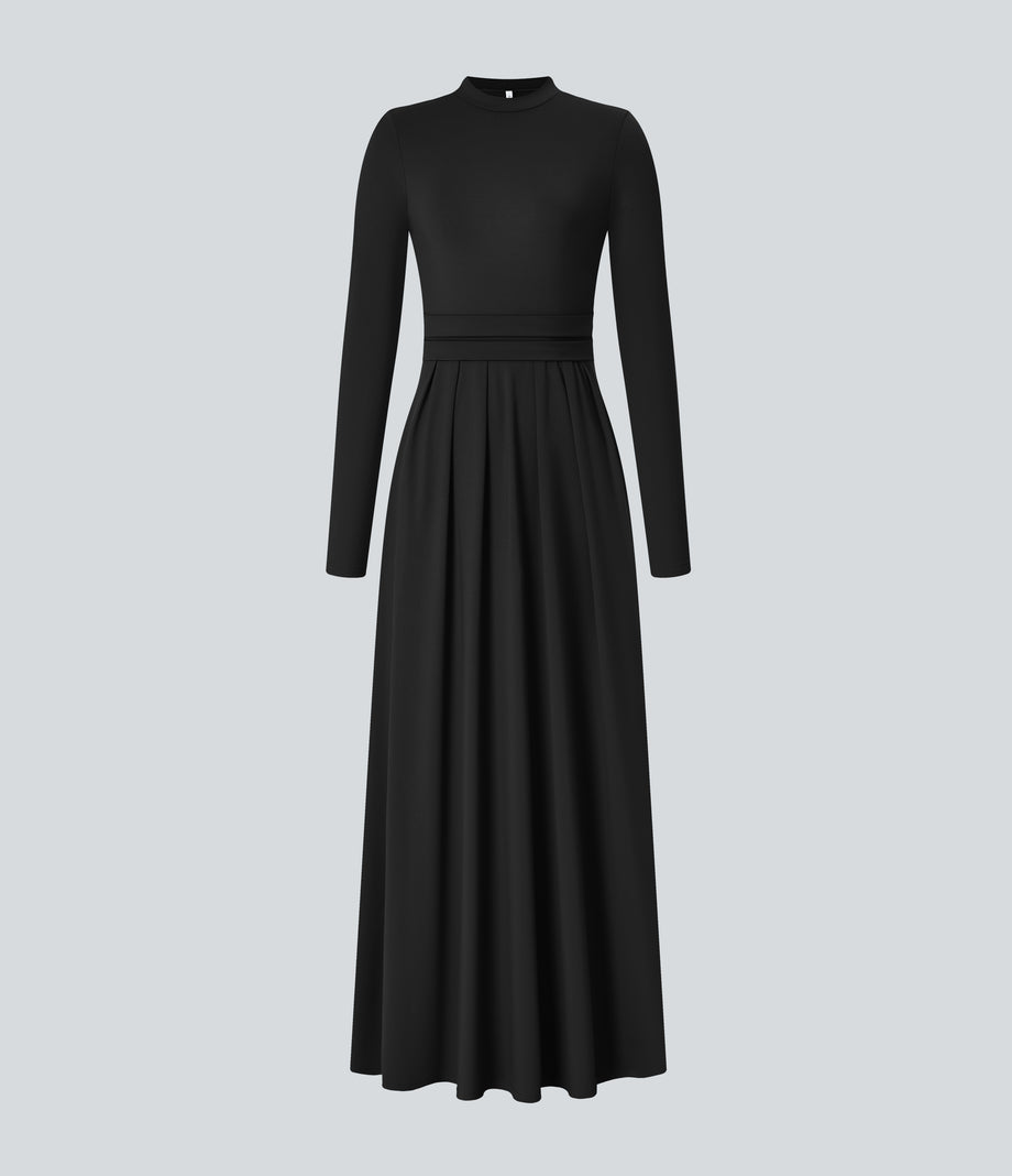 Mock-neck Long Sleeve Pocket Flare Maxi Casual Dress - Black