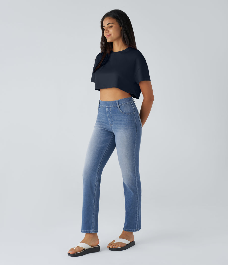 Halara Flex™ High Waisted Pockets Straight Leg Washed Casual Jeans - Sea Blue Denim