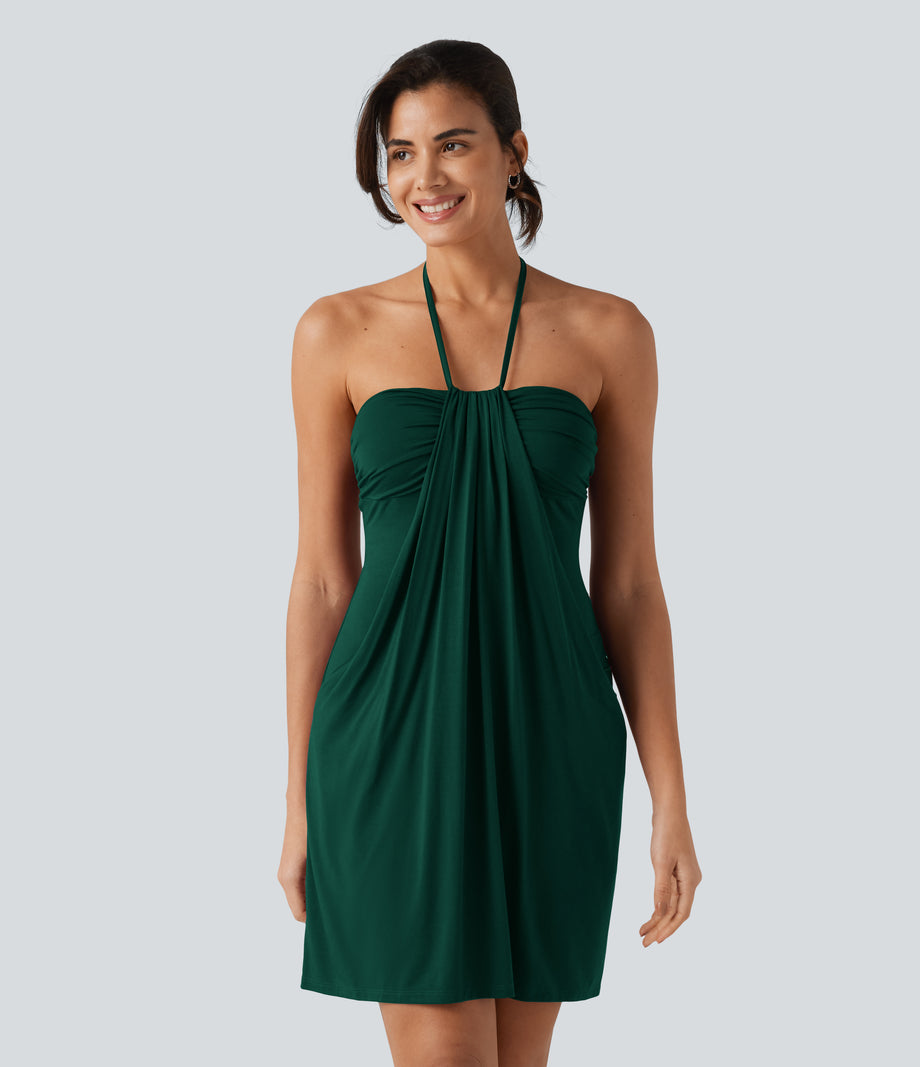 Halter Tie Back Mini Resort Dress with Pockets - Rain Forest