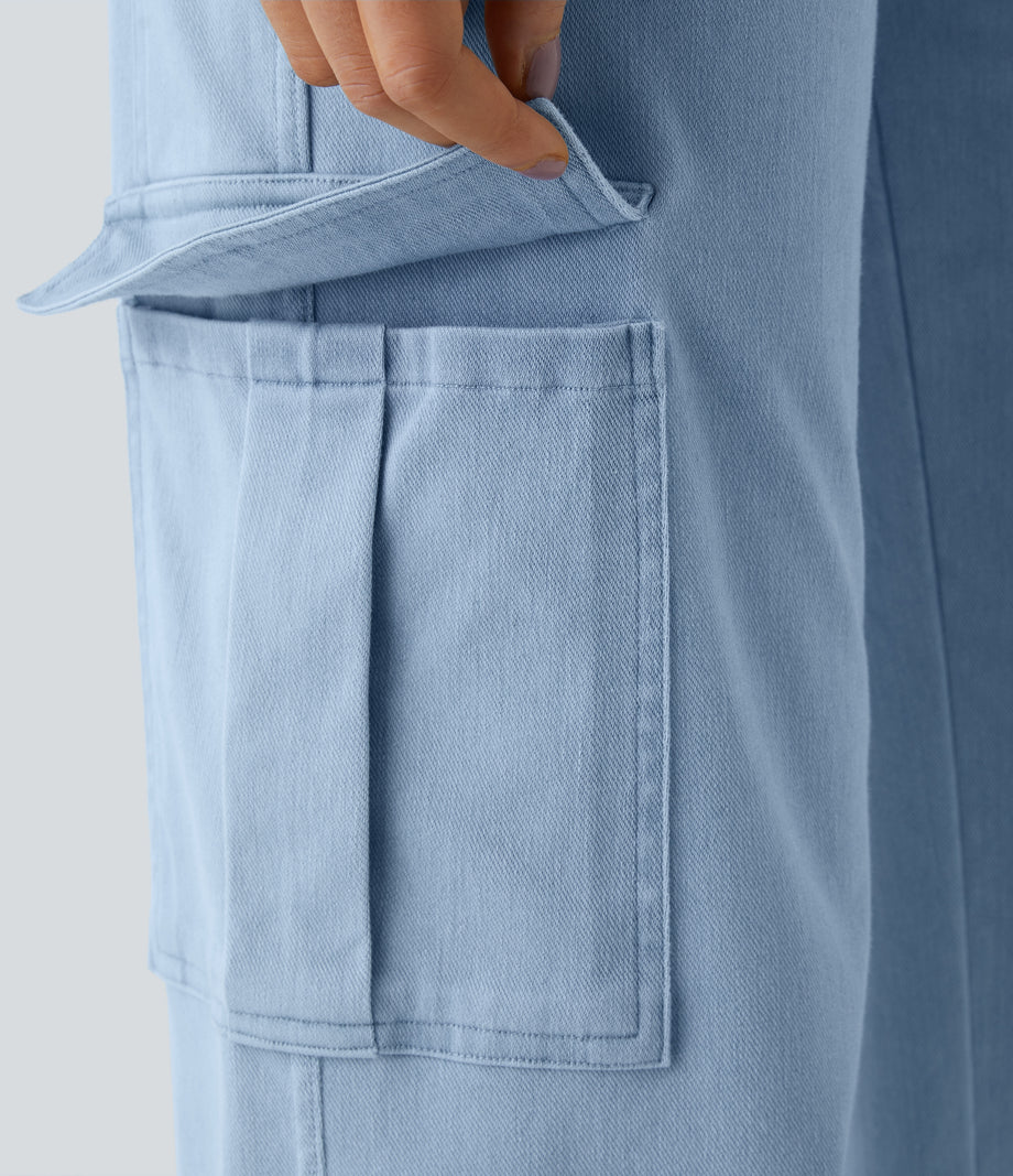 Halara Flex™ Mid Rise Pockets Straight Leg Casual Cargo Jeans - Denim Cyan Blue