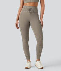 High Waisted Drawstring Striped Yoga Leggings with Pockets - Sandstone Beige