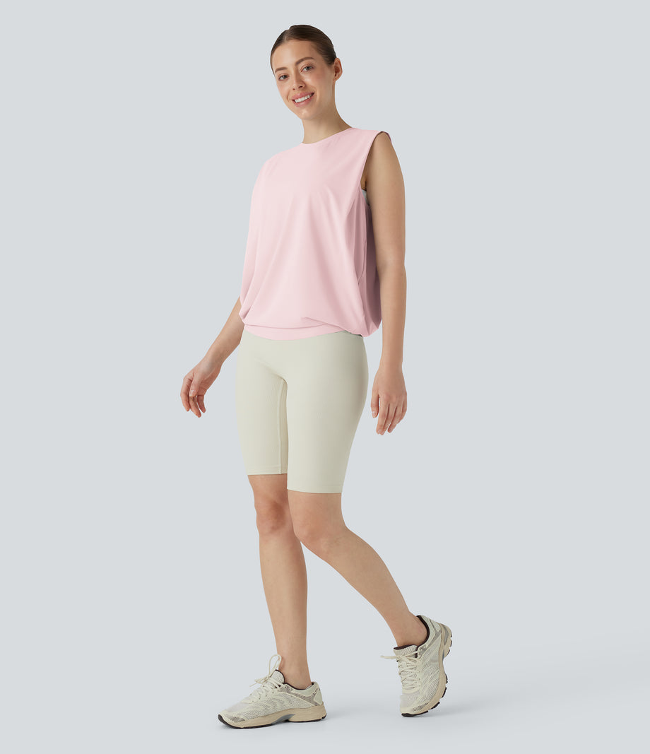 Round Neck Ruched Cool Touch Yoga Tank Top-UPF50+ - Primrose Pink