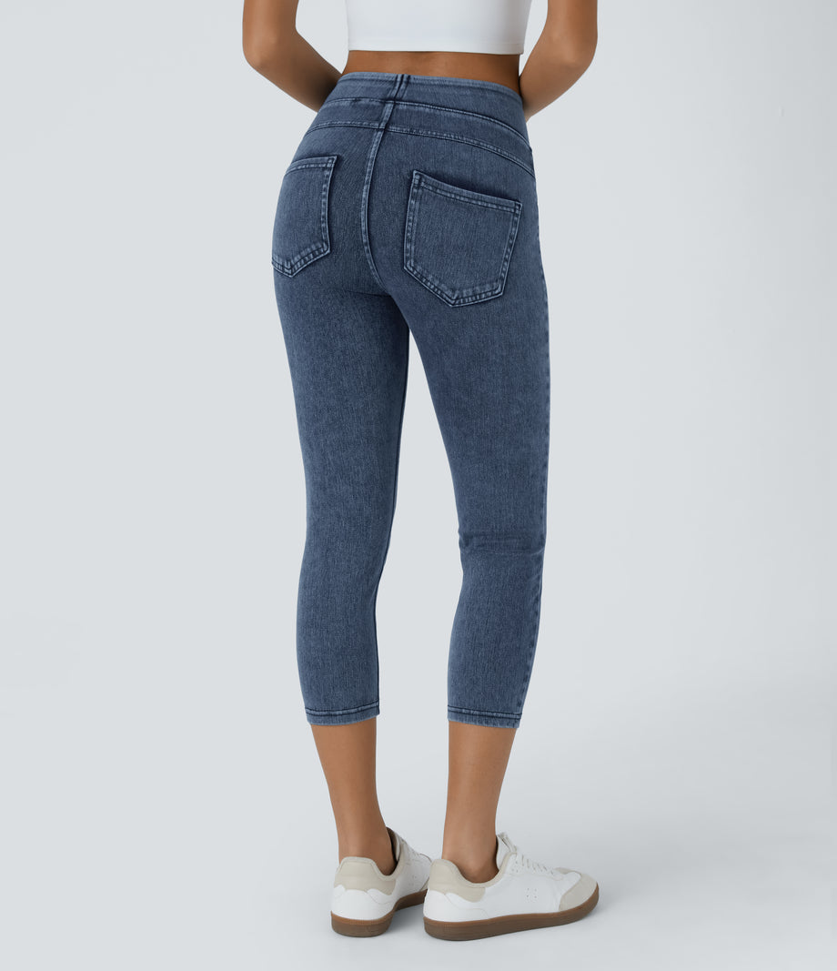 Halara Flex™ High Waisted Pocket Denim Capri Casual Leggings - Washed Denim Bleached Blue