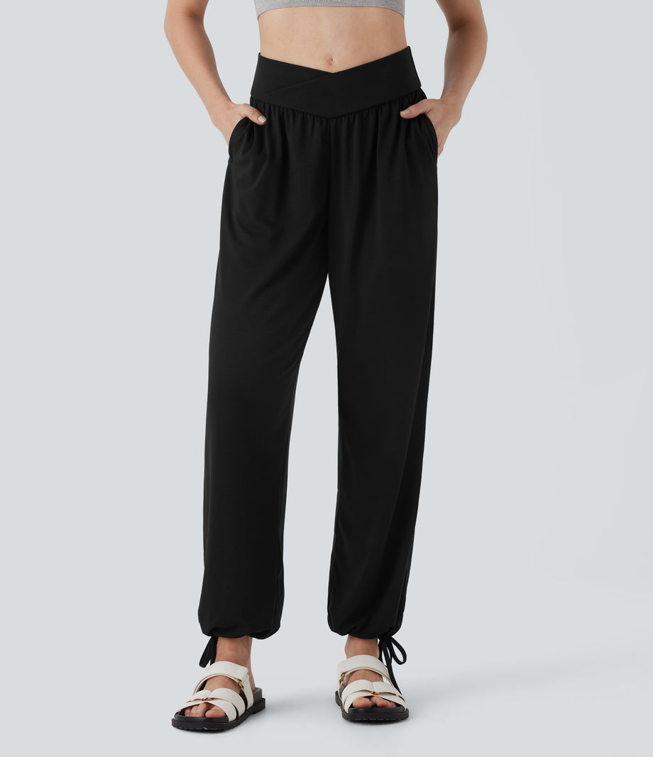 Crossover High Waisted Pocket Drawstring Casual Joggers - Black