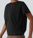 Round Neck Short Sleeve Ruched Cool Touch Yoga Sports Top-UPF50+ - Black