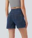 Halara Flex™ Crossover High Waisted Pockets Wide Leg A Line Washed Denim Casual Shorts - Estate Blue Denim