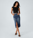 Halara Flex™ High Waisted Pockets Bodycon Washed Denim Casual Midi Skirt - Royal Blue Denim